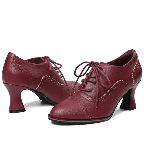 Yremael Women's Red Oxfords Dress Wingtip Vintage Comfortable Chunky High Heel Lace Up Brogues Booties — view 6