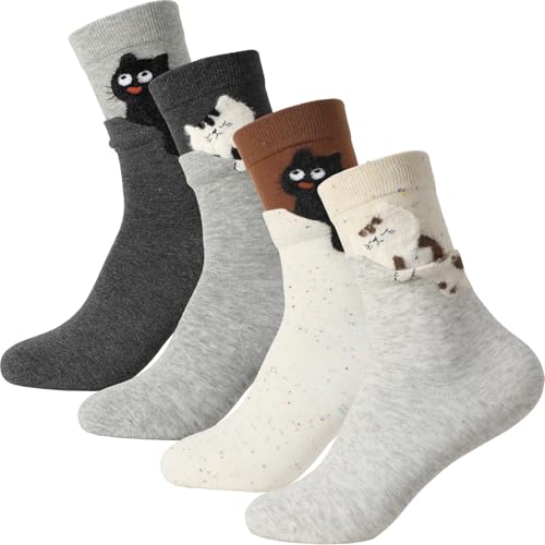 Utensilsto 4 Paare Lustige Socken für Damen Herren Katzen Baumwoll Socken mit 3D-Katzenkopf Cat Socken Geschenk für Katzenliebhaber Größe 35-42
