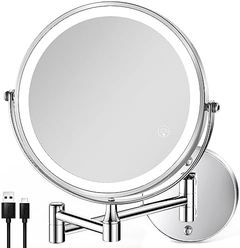 8.5 Inch Rechargeable Wall Mounted Lighted Makeup Mirror, Double-Sided 1X/10X LED Magnifying Vanity Mirror with Lights, 3 Color Lights Touch Screen Dimmable 360°Swivel 18 Inch Extendable – Chrome