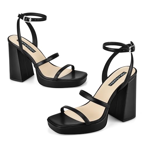 Image of MIRAAZZURRA Platform Strappy Heel Sandals Square Open Toe Two Strap Chunky High Heeled Sandals with Buckle Ankle Strap for Women Party Wedding Dress