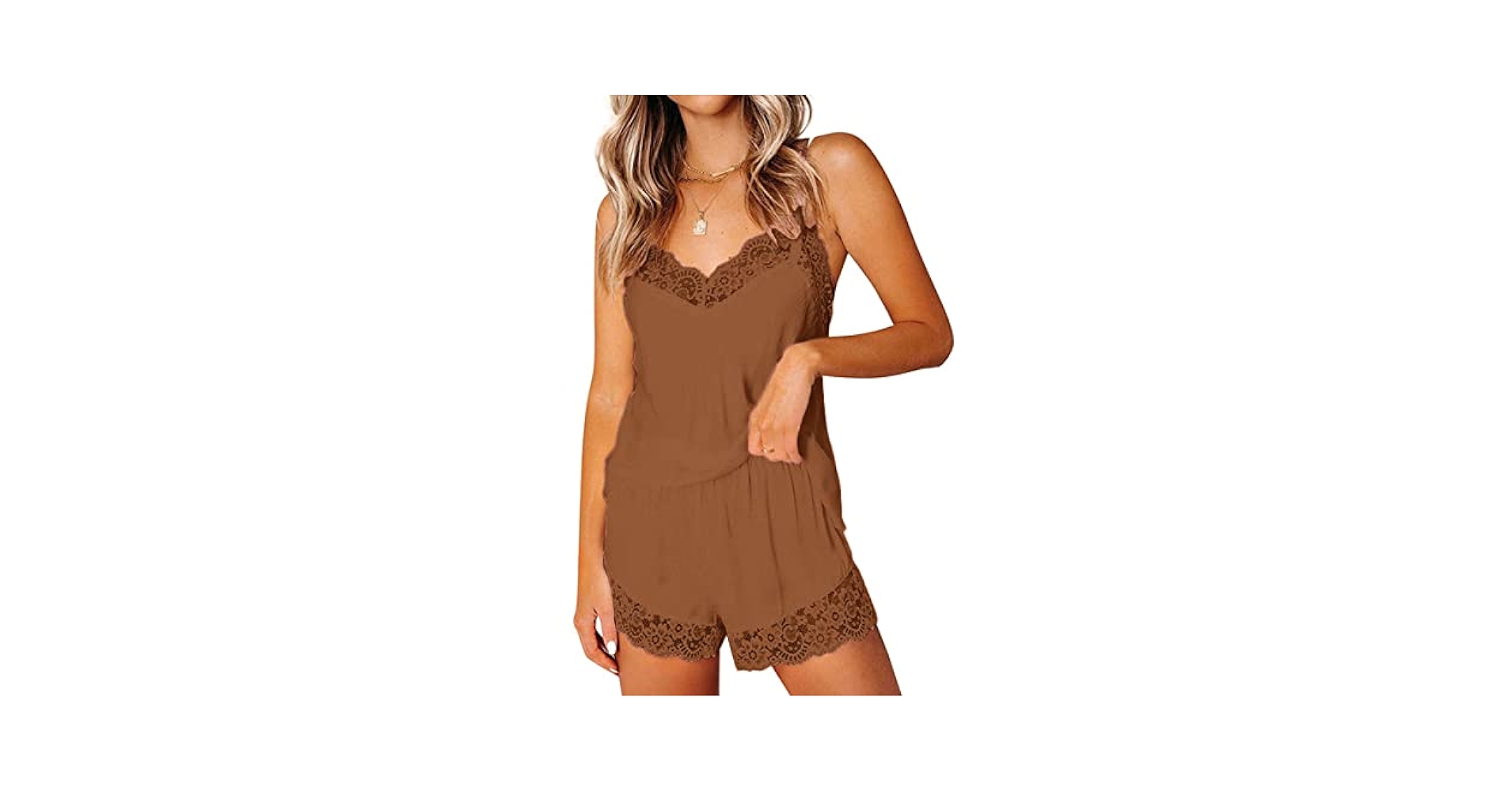 CHYRII Womens Lace Trim Silk Sleepwear Open Back Cami Shorts
