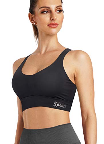 TrainingGirl Womens Seamless Racerback Sports Bra Wirefree Comfort Yoga Bra with Removable Pads (Black, Large)
