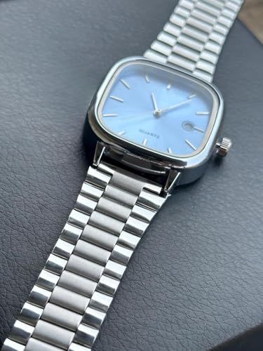 Image of Minimalist Men's Square Dial Watch with Date | Comfortable Stainless Steel Quartz Analog Wristwatch | Casual & Formal Timepiece