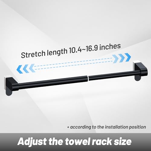 VEHHE Kitchen Towel Holder, Retractable Kitchen Towel Rack, Hooks Adjustable to Door Thickness, Dish Towel Holder with EVA Pad, Over The Door Towel Rack, L10.4~16.9 X W0~1.2 X H2.4 inches (Black)