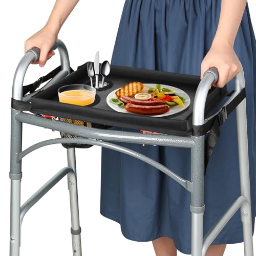 HOOMTREE Walker Tray for Folding Walker Trays for Walkers Detachable with Cup Holder Walker Trays for Rolling Folding Walker Walker Accessories for Elderly (Black Without Pockets with Baffles)