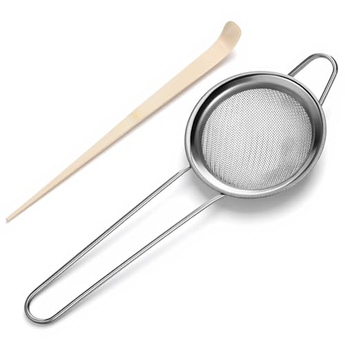 3 Matcha Sifter Small Sifter for Matchaa Strainer Small Mesh Strainer Fine Mesh Stainless Steel Tea Strainers Bamboo Matcha Scoop Spoon Tools for Measuring