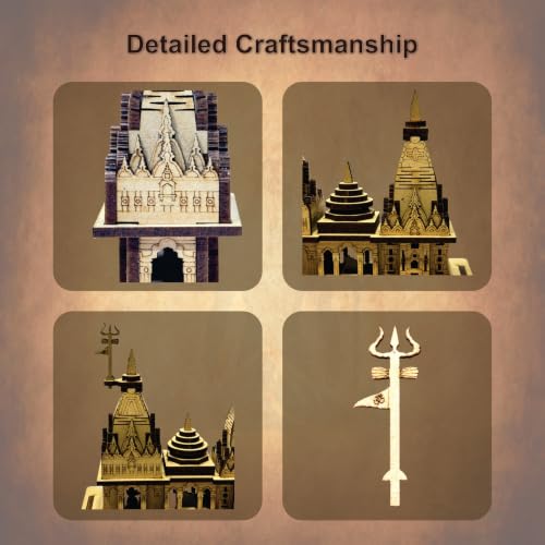 Image of eXme Kashi Vishwanath Temple Wooden Model - Exquisite Pine MDF Craft Ideal for Gifting and Puja Spirituality and Home Decore and Pooja Room, 14 x 13 Cm