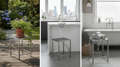 Image of MILAD SAIFIX Sitting Stool for Indoor Or Outdoor | Metal Lightweight | Office & Home | Kitchen & Garden | Heavy Duty | Table (Silver (Slatted))
