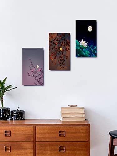 Image of 999STORE Leaves With Moon home room decor framed stylish modern wall frames hanging items for living (Set of 3 Panels Paper Print 24X15 Inches) MDF3Frames039