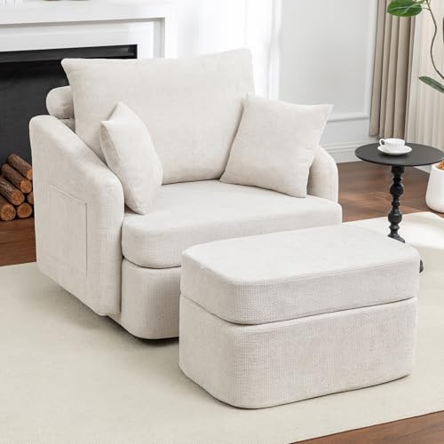 Hobooment 39''W Oversized Accent Chair with Ottoman,Comfy Swivel Lounge Reading Chairs for Living Room,Bedroom (Chenille Beige)