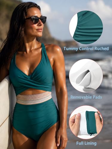 Image of B2prity One Piece Swimsuit for Women Tummy Control V Neck Bathing Suit Color Block High Waisted Cutout Swimwear