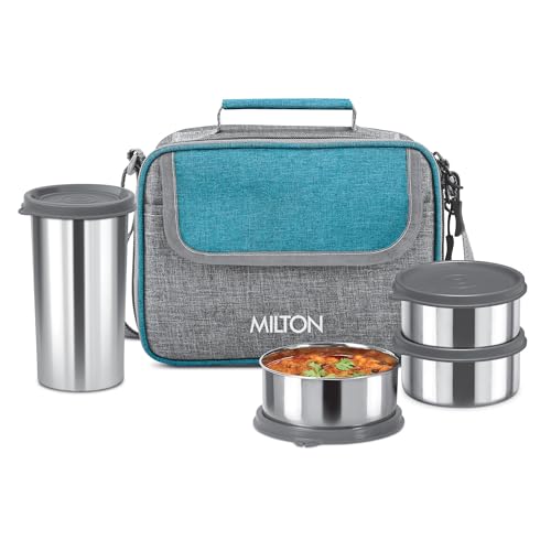 Image of MILTON Daily Meal Lunch Box with Unisex Bag, 3 Stainless Steel Containers 300 ml Each & Tumbler 400 ml, Leak-Proof Tiffin for Office, College, Picnic, Teal Green