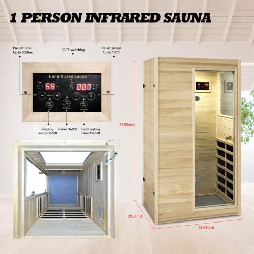 Image of LTCCDSS 1 Person Compact Infrared Sauna, 905W Low EMF Far Infrared Sauna Indoor Sauna, European Aspen Wooden Sauna for Home with Bluetooth Speakers, 36.6 inchx29.3 inchx63 inch, Right Door