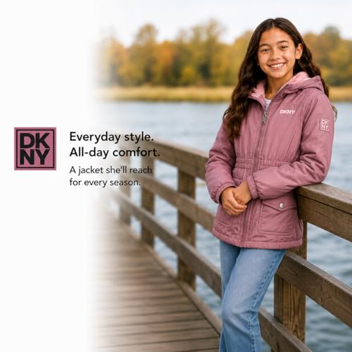 Image of DKNY Girls Midweight Jacket - Cozy Sherpa Fur Lined Water Resistant Hooded Anorak Windbreaker Zip Up Jacket for Girls