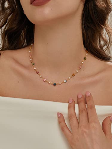 Daumier Multicolor Tourmaline Natural Gemstone Choker Freshwater Pearl Necklace Gold 18Inch Jewelry Birthday Gift For Her Women #TOP1