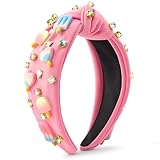 PANTIDE Ice Cream Jeweled Knotted Headband - Summer Popsicle Stick Rhinestone Crystal Embellished Headband Non Slip Wide Top Knot Fashion Hairband Hair Accessories Birthday Gift for Women Girls (Pink)