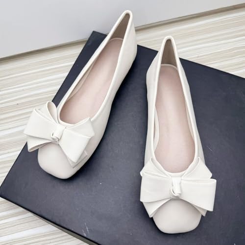 WENJIAZHIZHI Square Toe Bow Flats for Women Solid Color Low-Heel Slip-ons Cozy Soft Office Lady Dress Shoes2