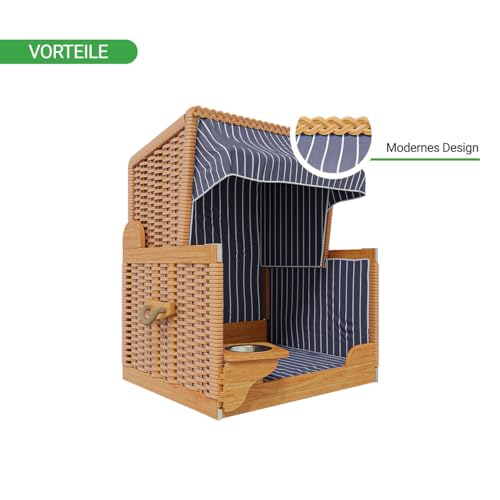 Woodtex Hundestrandkorb Kieferholz |Hundehütte inkl. Schützhülle schwenkbarer Wasser-/Futternapf|Sonnenschutz Hunde und Katzen|Rattan Braun mit Dunkelblau-weißen Nadelstreifen