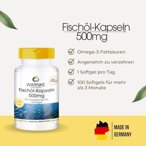 Fischöl Kapseln 500mg - 100 Kapseln - Omega-3-Fettsäuren EPA + DHA - hochdosiert | Warnke Vitalstoffe - Deutsche Apothekenqualität