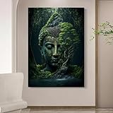 SHINERING Vintage Buddha In Der Natur, Grünes Leinwandbild, Spirituelles Wandbild, Poster, Kunstdruck Für Wohnzimmer, Heimdekoration, A3 21X30Cm Kein Rahmen