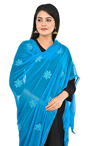 Image of YOUTHQUAKE Flower Embroidered Diamond Work Chiffon Dupatta for Womens & Girls With 4 Side Lace