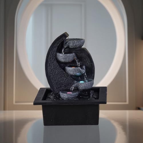 Zen'Light - Zimmerbrunnen Wasserfall V2 4 Ebenen in Natursteinoptik mit farbigem LED-Licht - Moderne Zen Tischdekoration, Ideal für Meditation und Entspannung - H 26 cm