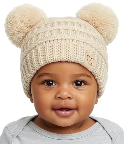 Image of Funky Junque Double Pom Pom Baby Beanie – Newborn Girl Winter Hat 0–12 Months, Cute Cozy Knit Infant Beanies for Cold Weather