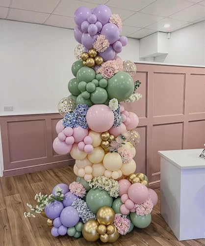 60Pcs Pastel Balloons, 12Inch Sage Green Pastel Macaron Pink Purple Yellow Gold Confetti Balloons for Wildflower Fairy Theme Baby Shower Wedding Birthday Party Decorations — view 4