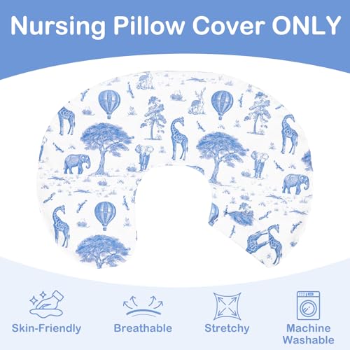 Image of TANOFAR Nursing Pillow Cover, Stretchy Removable Breastfeeding Pillow Cover, Ultra Soft Snug Fits On Newborn Feeding Pillow Case for Baby Girls, Blue Elephant