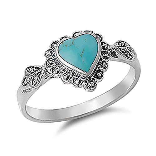 Sterling Silver Simulated Turquoise Vintage Style Heart Promise Ring 10mm (Size 4 to 10)3