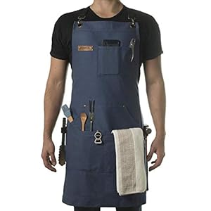 Asaya Chef, BBQ and Work Apron with Bottle Opener and Hand Towel -Durable 10oz Cotton Canvas,Brass Hardware, and Cross Back Straps-Perfect for Men and Women,Grilling, Cooking or in the Workshop(Blue)