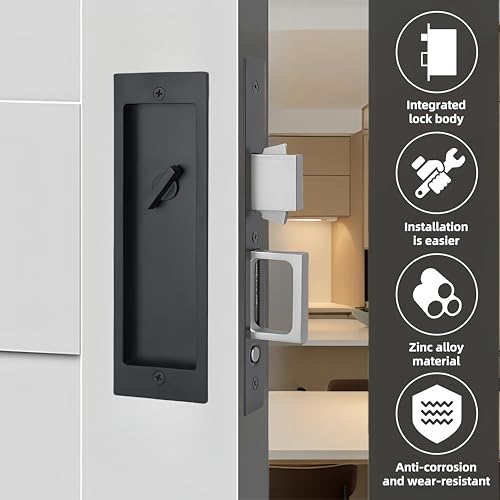 Hoconnie Pocket Door Privacy Lock,Recessed Handle Latch,Invisible Finger Flush Pulls with Edge Pull for Pocket Doors, Folding&Sliding Doors(Black) by Hoconnie - Used condition - Image 5