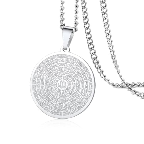 VASSAGO Collier en acier inoxydable avec pendentif en forme de 99 noms d'Allah Asma-ul-Husna - Collier arabe pour homme et femme, Acier inoxydable