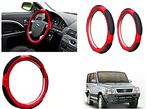 Image of Microfiber Car Steering Wheel Cover, Soft Padding Great Hand Feel, Anti-Slip, Faux Leather Steering Cover for Tata Sumo Victa | Black Red Jali - Pack of 1