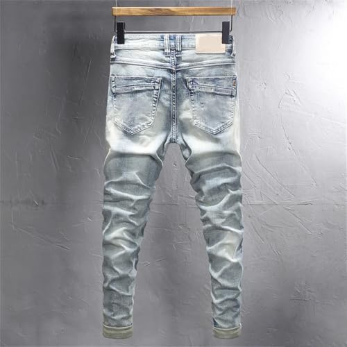 Men's Fashion Retro Washed Stretch Slim Fit Printed Ripped Jeans Vintage Denim Pants3