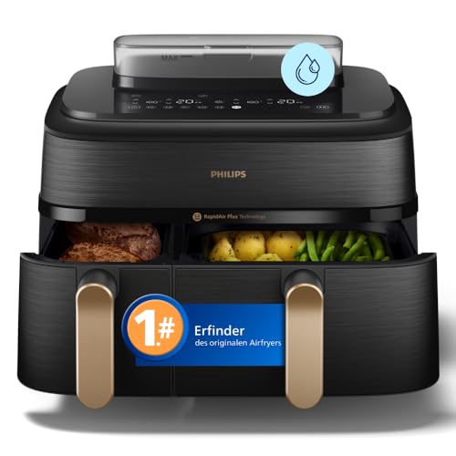 Philips Steam Airfryer 5000 Series Dual Basket Heißluftfritteuse mit Dampfgar-Funktion & 2 Körben Steam Airfry SteamFry 9L (3L+6L) RapidAir Plus automatische Dampfreinigung (NA552/00)