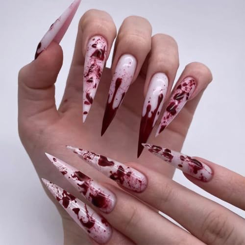 GlamRays 24 Piezas Stiletto Presionar en Uñas Largas Almendra Uñas Falsas con Diseño de Sangre Roja, Cobertura Completa, Presionar en, Uñas Acrílicas Artificiales, Uñas Adhesivas Falsas
