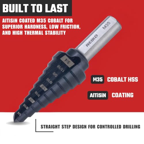 Image of NEIKO 10184B Step Drill Bit, 9 Steps 1 /4 inch to 3 /4 inch Straight M35 Cobalt, AlTiSiN Coated, 3 /8 inch Tri-Flat Step Bits for Steel, Metal, Wood, Plastic, Unibit Cone Drill Bits, Two Flute
