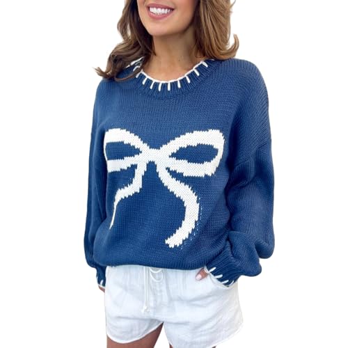 Image of Women Comfy Sweaters Casual Warm Bow Print Long Sleeve Pullover Basic Knitwear for Fall Streetwear