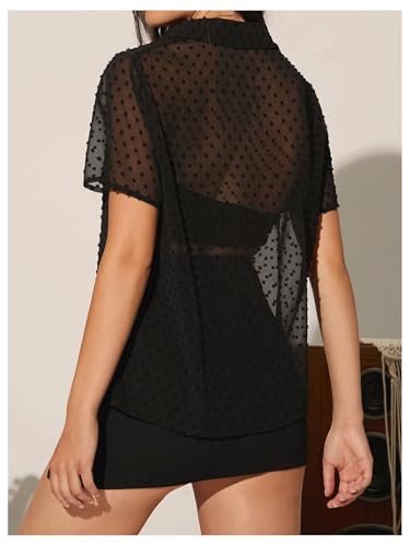 Milumia Women's Swiss Dots Mesh Sheer Button Down Shirt Short Sleeve See Through Blouse Top2