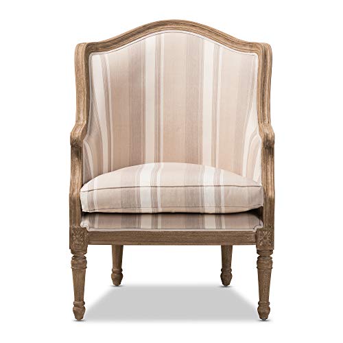 Baxton Studio Striped Charlemagne Traditional French Accent Chair, Oak Brown