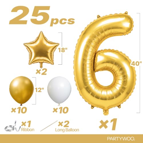 Image of PartyWoo Metallic Gold Number 6 Balloon 40 Inch 25pcs Gold Foil Star White
