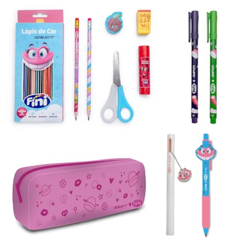 Kit Material Escolar Fini com Estojo Rosa Leo&Leo – 12 itens: Lápis de Cor 12 Cores, 2 Lápis Grafite, Tesoura, Cola, Borracha, Apontador, 2 Caneta Gel, Lapiseira e Marca-Texto (Rosa)