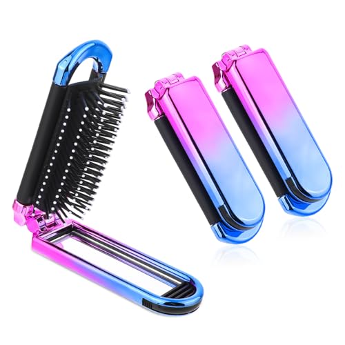 2 Pack Travel Hair Brush with Mirror and Massage Comb - Foldable Compact Hair Styling Tools for Women and Men - Gradient Color