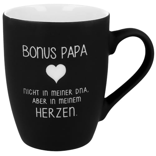 Spruchreif | Soft-Touch Tasse Schwarz Bonus Papa – Beidseitig gravierte Tasse mit liebevollem Spruch | Persönliches Geschenk für Stiefväter & Bonus-Papas | 350 ml