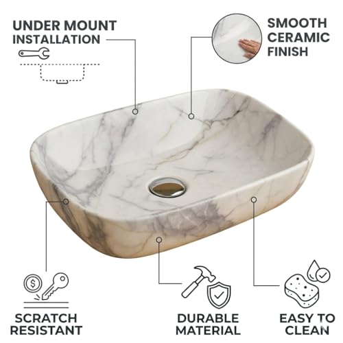 Image of Ceramic Tabletop Wash Basin - Glossy Rectangular Countertop Vessel Sink with Marble Finish for Bathroom & Vanity | Compact 18 x 13 x 5 Inch | Elegant Washbasin