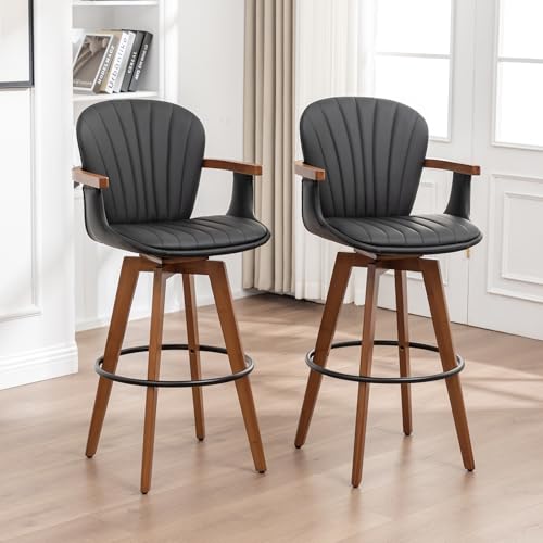 Image of LUNLING 30 inch Bar Height Stools Set of 3.Mid Century Modern Bar Stools,Black PU Leather Kitchen Island Stools,Wood High Barstools Swivel with Back and Arms for Home Bar Furniture