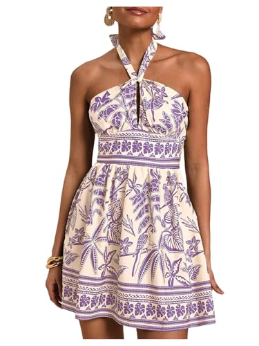 Image of SOLY HUX Tropical Vacation Dress for Women Halter Tie Backless Sundress Sleeveless A Line Short Summer Dresses