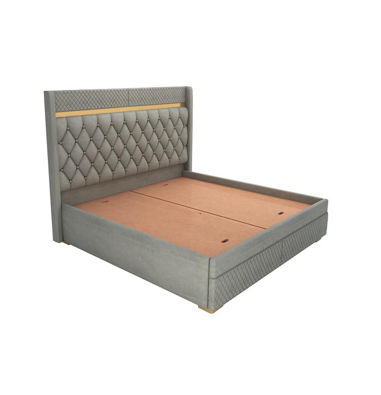 Image of MAMTA DECORATION Solid Wood Queen Size Bed with Box Storage | Premium Velvet Upholstered Tufted Headboard Palang Cot Bed | Modern Wooden Double Bed for Bedroom, Home, Hotel & Guest Room | Grey Finish