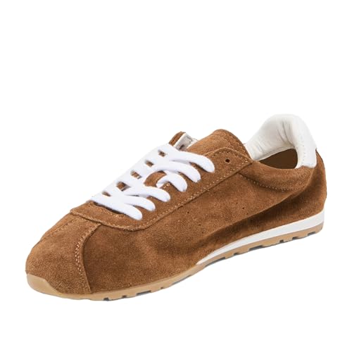 Suede Fashion Sneakers for Women Comfortable Almond Toe Non Slip Athletic Sneaker Casual Lace-Up Walking Tennis Shoes